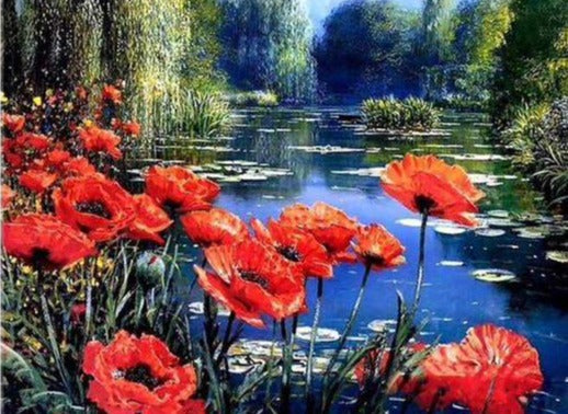 Lake with Red Flowers