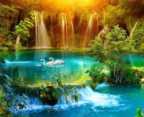 Waterfall with Swans