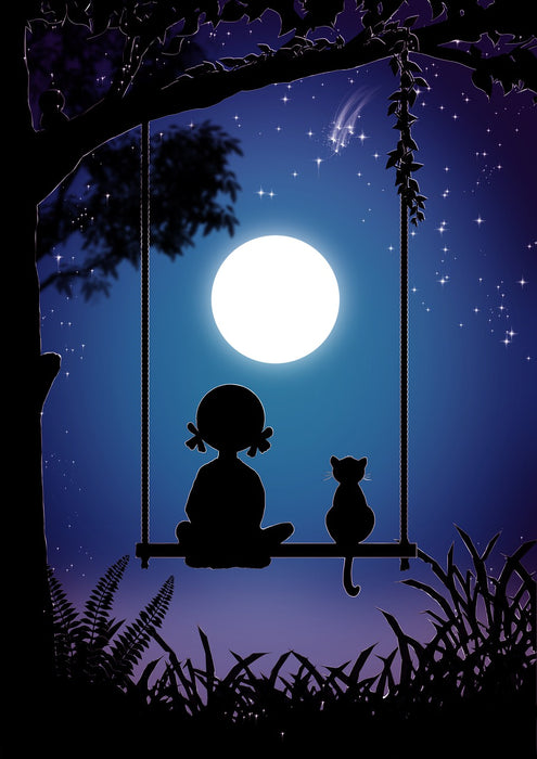 Girl and her Cat by the Moon
